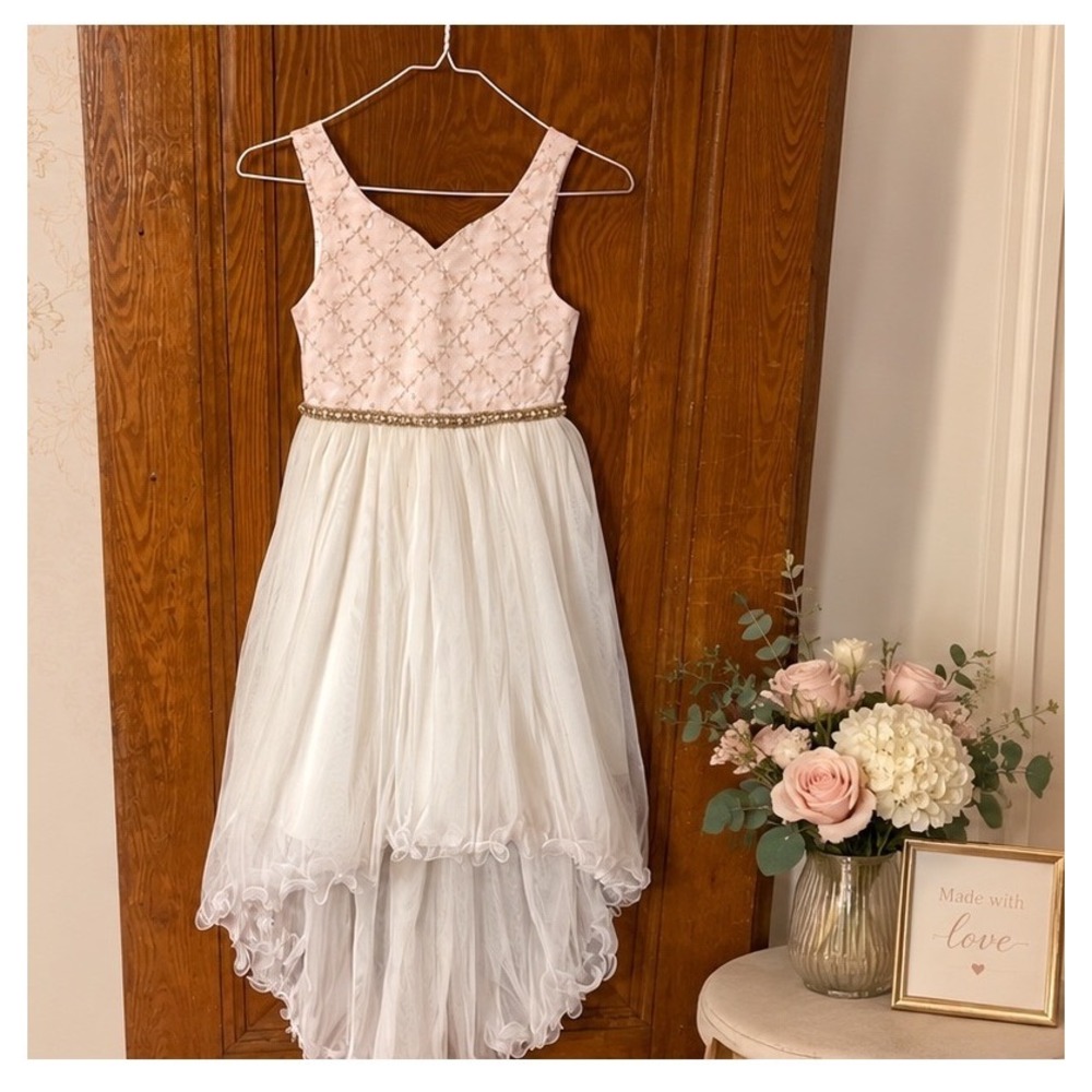 American Princess Girls Pink White Tulle High Low Flower Girl Party Dress Size 8